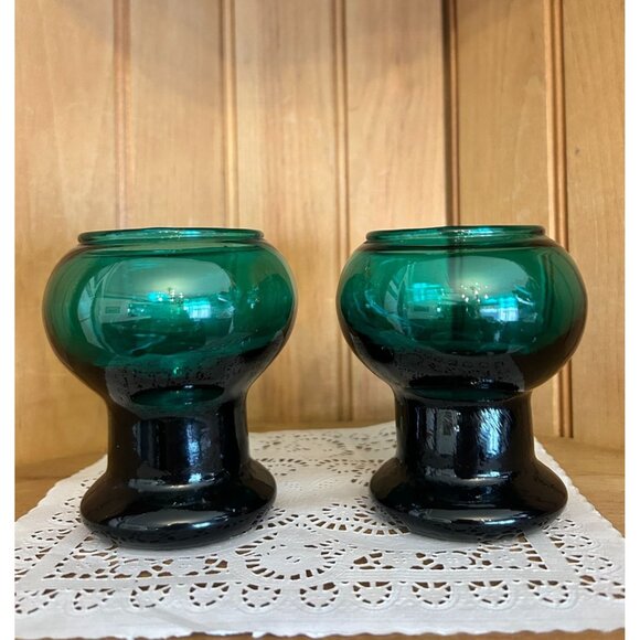 Vintage Danish Holmegaard Teal Green Glass Candle Holders Art Glass Goblets Vase - Picture 1 of 6